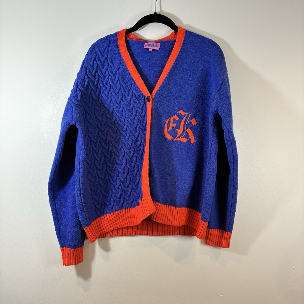 Edikted Women's Oversized Varsity Cardigan Sweater‎ Knit Logo Blue Orange XS/S